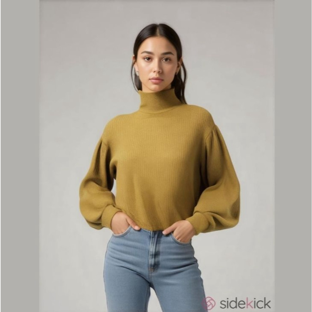 NWOT Anthropologie The Good Jane Mustard Waffle Knit Balloon Sleeve top Sz S